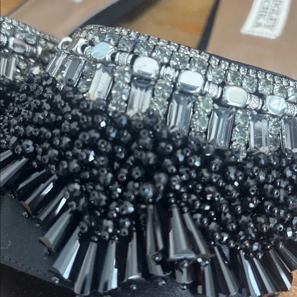 Badgley Mischka Black Embellished Beaded Slide Sandals Flats Silver Crystals 8 - Picture 2 of 5